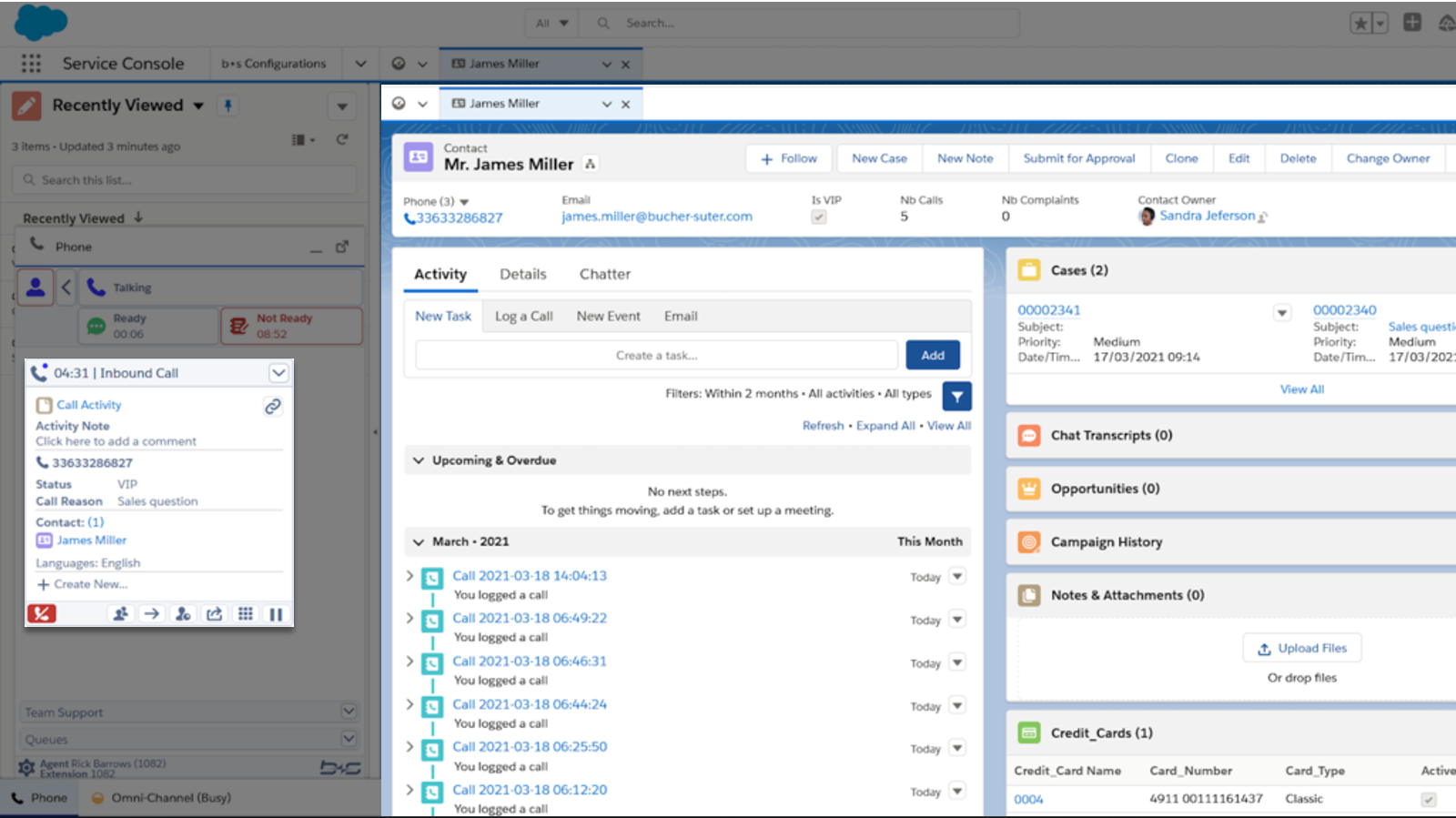 Screenshot of Salesforce CTI integration, Screen Pop